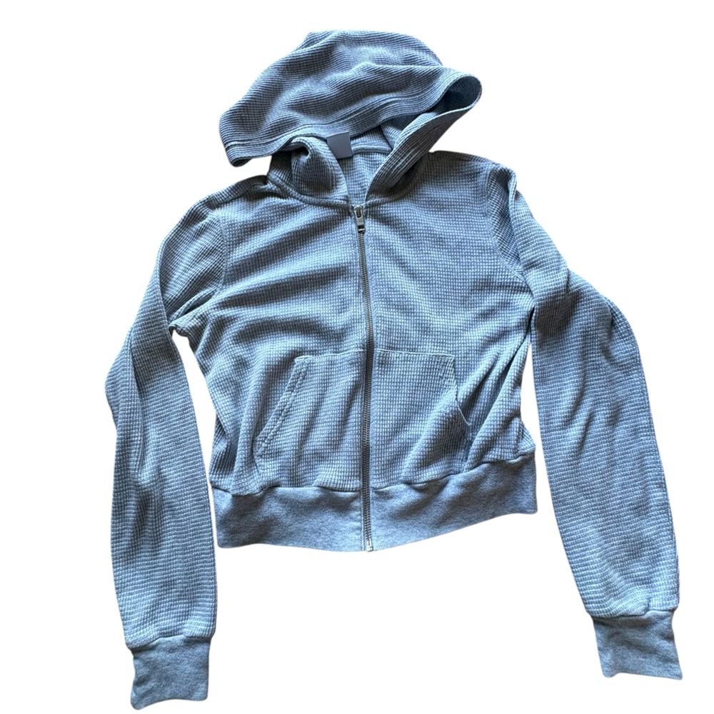 Tna Aritzia Classic Waffle Cropped Zip Hoodie XS Heather Gray Thermal